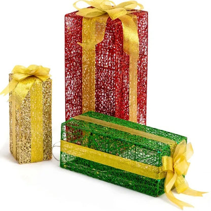 Lighted Gift Boxes Set Of 3, Pre-lit Nestable Present Boxes Ornament