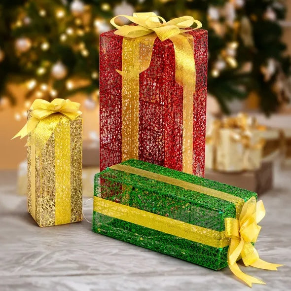 Lighted Gift Boxes Set Of 3, Pre-lit Nestable Present Boxes Ornament