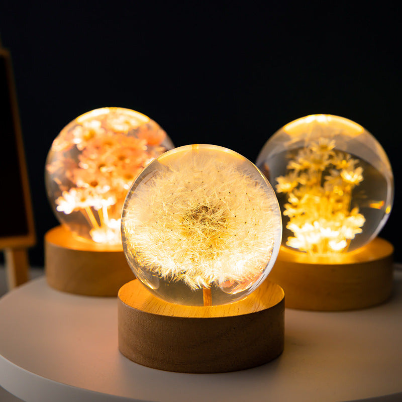 Dandelion Crystal Ball Beech Wood Stand