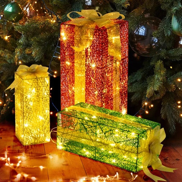 Lighted Gift Boxes Set Of 3, Pre-lit Nestable Present Boxes Ornament